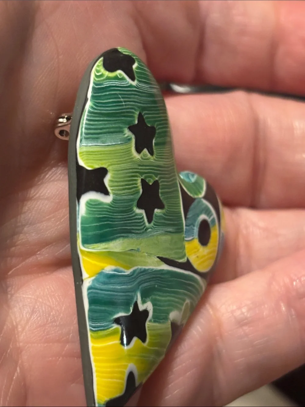 Artisan Green, Yellow, Blue & Black Heart Ceramic Accent Brooch